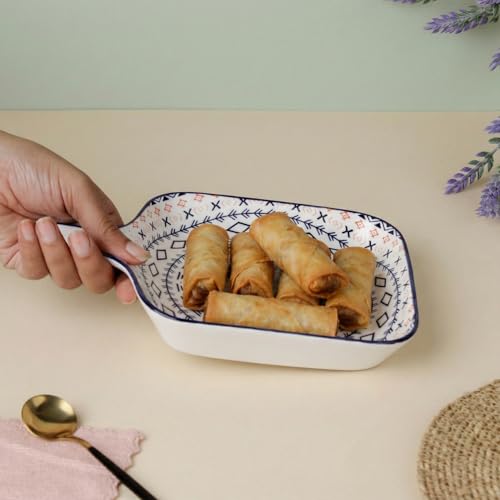 Image of The Earth Store Mandala Ceramic Platter with Handle for Serving Set of 2 | Microwave & Dishwasher Safe Serving Platters for Snacks, Dessert, Starter, Fruits, Salad, Sweets & Appetizers