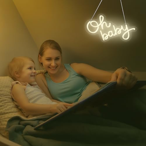Image of Oh Baby LED Neon Sign for Backdrop, Baby Shower Nursery Decor Dimmable USB | Backdrop & gender reveal sign. Warm white glow for party photos, dimmable for baby showers, birthday parties & nursery decor