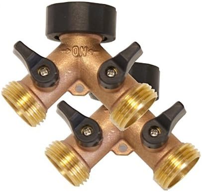 Heavy Duty Solid Brass Garden Hose Splitter, Y Valve, 2 Way Connector for Outdoor Faucet, Comfort Grip Handles, 2 Extra Threads (2 units)