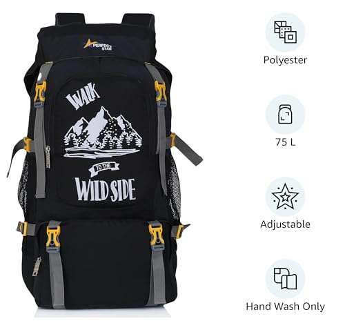 Image of perfect star Rucksack Hiking Trekking Travel Backpack For Shoe Compartment,Spacious Outdoor Sport Campaing Bag, 75 Litres, Black