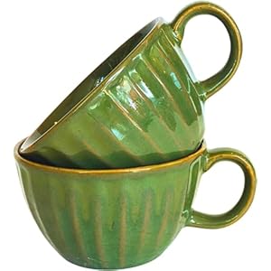 Ribbed Coffee Cups with Big Handle, Unique Modern Style White Latte Mugs for Tea,Cocoa,Milk,Cappuccino, Microwave & Dishwasher Safe Set of 1