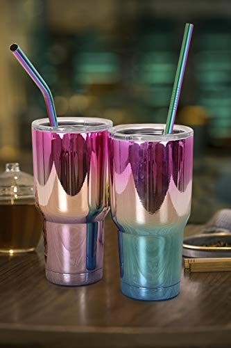 Image of Hiware 12-Pack Rainbow Metal Straws Reusable with Case - Stainless Steel Drinking Straws for 30oz and 20oz Tumblers Dishwasher Safe, 2 Brushes Included
