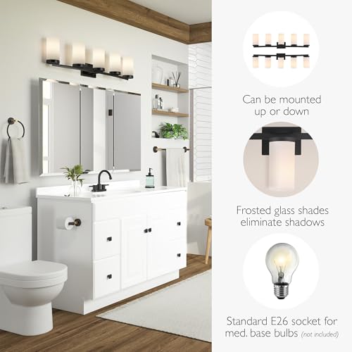 Image of Design House Desta Vanity Light, 5-Light, Curved Bar Design, Frosted Glass Glow, Dimmable, Up /Down Mountable, E26 Socket, Black, 38.6 in L x 6.9 in W x 9.5 in H,589176-BLK