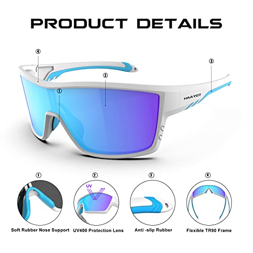 Haayot Polarized Sports Sunglasses For Men Women,Cycling Baseball Fishing Running Biking Mtb Glasses With 5 Interchangeable Lenses White Azure Blue #TOP1