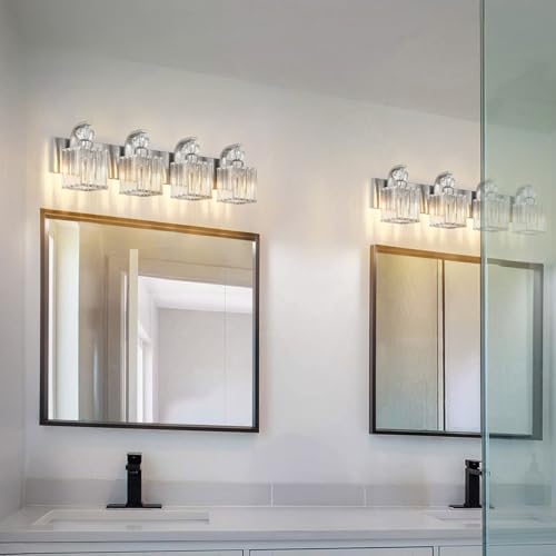 Vikdio Modern Bathroom Vanity Light, 4-Light Nickel Bathroom Lighting Fixtures Over Mirror, 28.4" Crystal Wall Light Sconce for Bathroom/Bedroom/Vanity, Includes LED Bulbs, Easy Installation by Vikdio - Used condition - Image 7