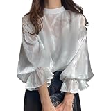 [ZeoYoee] ブラウス レディース 長袖 レース シャツ チュール シースルー トップス 立ち襟 透け感 ランタンスリーブ 花柄 刺繍 春 夏