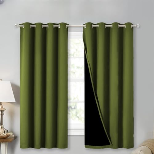 Image of NICETOWN 100% Blackout Curtains 45 inches Long, Olive Green, 1 Pair, 52 inches Width Each Panel, 2 Thick Layers Completely Blackout Window Treatment Thermal Insulated Lined Drapes for Small Window
