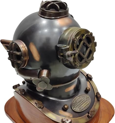 Antique Diving Divers Helmet Brass 18'' Maritime Gift Vintage Collectibles with Wooden Base - Navirock