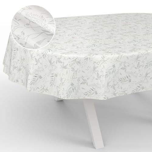 ANRO Oilcloth Tablecloth, Washable, Oilcloth, Garden Tablecloth, Outdoor, Indoor, Oval, 180 x 140 cm, Cut Edge, Leaves, Grey