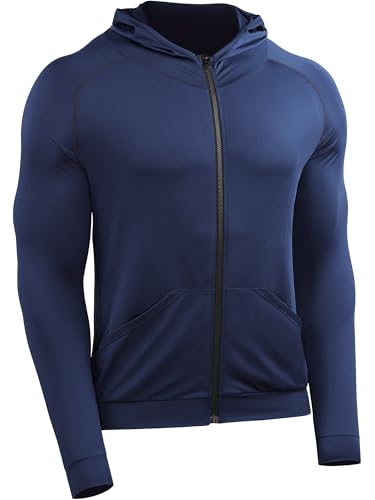 Cadmus Men's Full Zip Gym Tops Quick Dry Hooded Active Sports Breathable Shirts Lightweight Long Sleeve Jacket with Pockets,Navy Blue,3XL