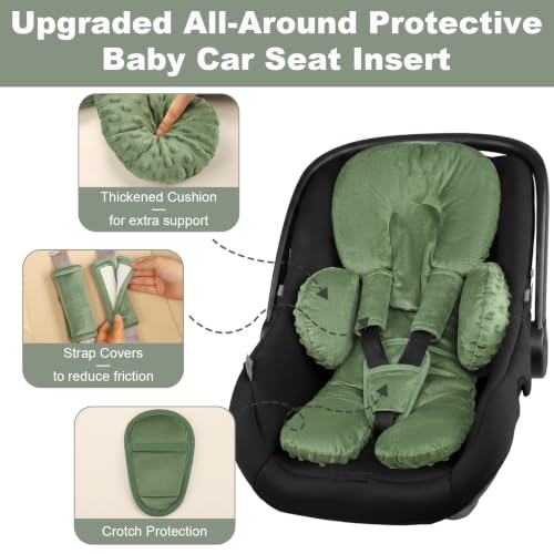 Image of Infant Car Seat Insert for Newborn Boys Girls, Extra Thick & Soft Minky Preemie Car Seat Head Body Support Cushion with Strap Pads, Perfect for Stroller, Baby Swing, Bouncer, 2-in-1 Reversible, Green