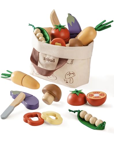 ROBUD Wooden Toy Food Set, Cutting Play Food for Kids Kitchen Accessories Pretend Toy Food Playset with Storage Bag, Toys Gifts for Girls Boys Age 3+, Vegetable Set