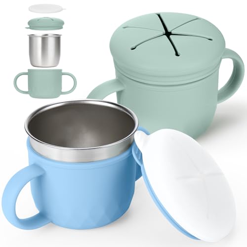 Image of Mity rain 2-Pack Stainless Steel Snack Containers, 4-in-1 Spill proof Snack Cups With Silicone Lid and Handle, Dishwasher Safe Travel Snack Containers for Kids and Infants (Green + Blue)