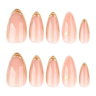 Foccna Press on Nails Almond Fake Nails with Gold Line Design Glue on Nails Acrylic Nails Glossy Full Cover Stick on Nails for Women 24Pcs