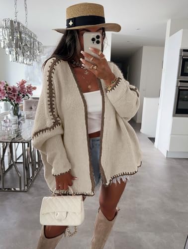 chouyatou Women Fall Open Front Color Block Cardigan Sweater Casual Striped Chunky Knit Oversized Cardigan3