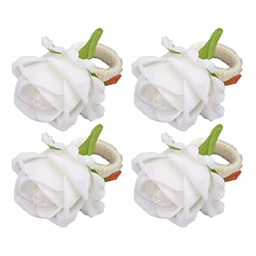 4 servilleteros, hebilla de servilleta con forma de rosa, anillos de plástico reutilizables, decorativos y elegantes para decoración de banquetes de boda, fiesta (blanco)
