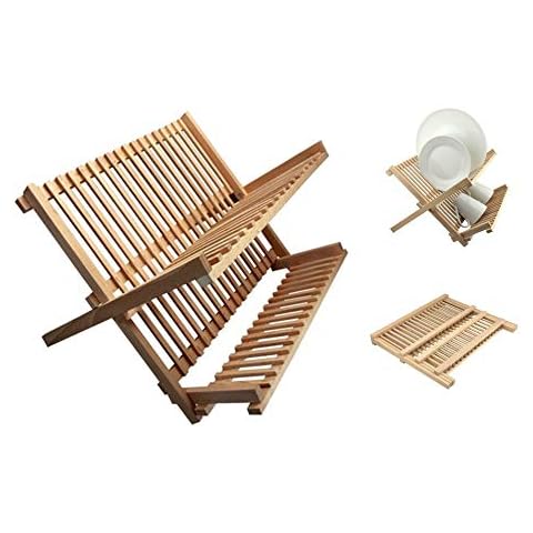 AQS INTERNATIONAL Beech Wood Foldable Kitchen Dish Drainer Folding Wooden Plate Cups Drying Rack H 35 x W 40 x D 30 cm Cover