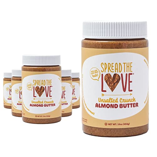Spread The Love UNSALTED CRUNCH Almond Butter, All Natural, Vegan, Gluten Free, Creamy, No Added Salt or Sugar, No Palm Fruit Oil, Not Pasteurized with PPO, Made in California (6-Pack)