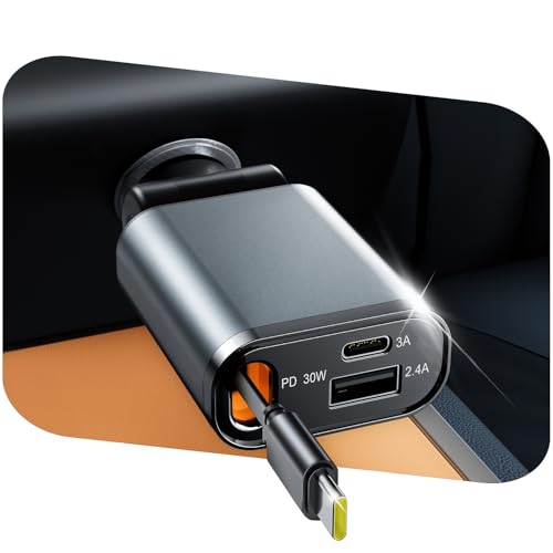 Retráctil Cargador Coche Carga Rápida 3 en 1 Adaptador 2 Cables Retráctiles Carga Rápida USB C de 57W Adaptador Car con Pantalla de Tensión Compatible con IPhone16/Samsung para 12V 24V Car