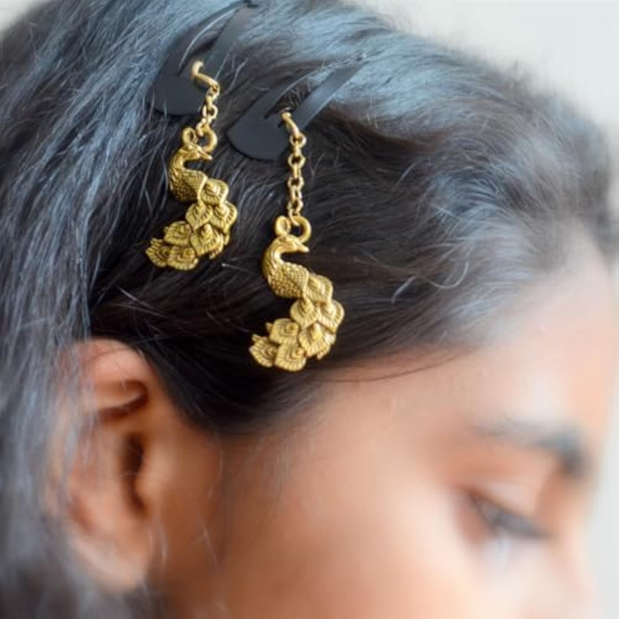 Pretty Ponytails Antique Gold Ethnic Peacock Hair Clips Set