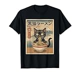 Vintage Kawaii Anime Negro Gato Comiendo Ramen Japonés Camiseta