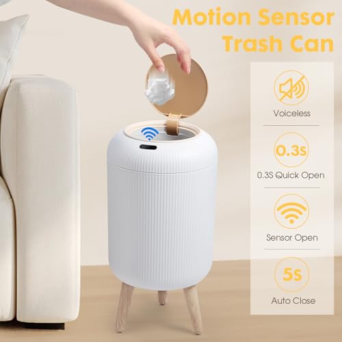 Image of Automatic Motion Sensor Bathroom Trash Can with Lid, 3 Gallon / 11L Touchless Trash Garbage Bin with Removable Legs for Kitchen, Bedroom, Office, Small Trash Cans Trashcan Wastebasket-White