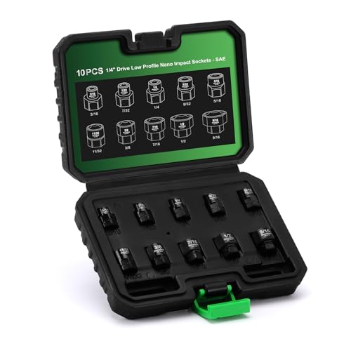 Image of TecoTek 10-Piece 1 /4-Inch Drive SAE Low Profile Impact Socket Set, Stubby Socket Set, 3 /16 inch to 9 /16 inch, 6 Point, Cr-Mo, Shorter Socket for Tight Areas
