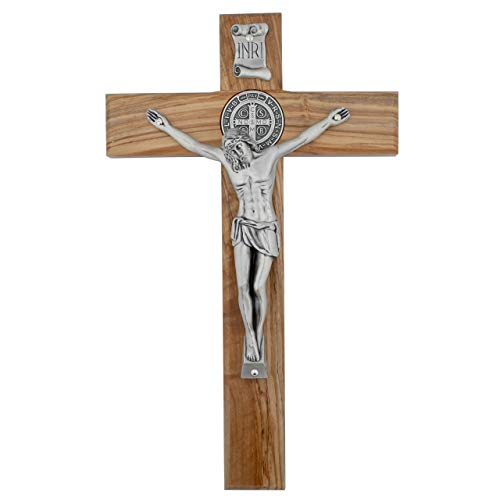 Wooden Wall Cross with Saint Benedict Medal | Beautiful Silver-Tone Jesus | Solid Stained Wood | Ready to Hang on Wall | Great Gift for Baptism, New Home, Weddings | Made in Italy