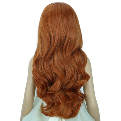 Image of Child Ginger Wig Girls Long Dark Orange Wavy Curly Wig Long Middle Part Wigs for Kids Heat Resistant Synthetic Wigs with Cap
