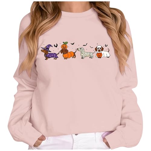Generisch Damen Sweatshirt mit Halloween-Dackeln - Langarm Pullover mit lustigem Hundemotiv | Herbstliches Oberteil für Dackel-Liebhaber
