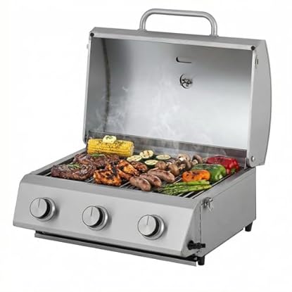 Foto di Tarrington House Barbecue a Gas con 3 bruciatori Cathan, Acciaio Inox, 6.6 kW, Coperchio con Termometro, Accensione Elettrica, per Giardino, Balcone, Campeggio, Argento