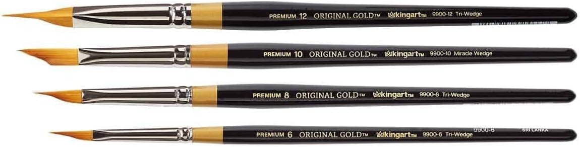 KINGART Premium 4 pc. Original Gold 9900 Series Miracle Wedge Artist Brush Set, Synthetic Golden Taklon Hair for Acrylic, Oil, Watercolor and Gouache Paint, Short Handle, 4 Sizes: 6, 8, 10, 12