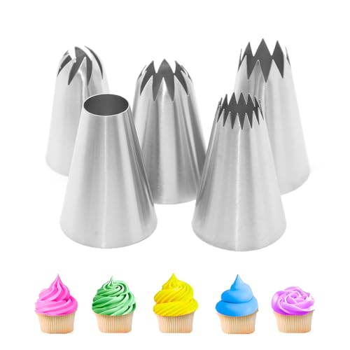 MOCOXYKLXY 絞り口金 5個セット 丸型 花型 ステンレス 絞る 口金 ケーキ デコレーション飾り ステンレス シュークリーム用 お菓子作り クッキー ケーキ (サイズ:L)