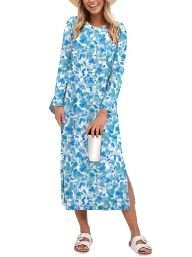 Image of ANRABESS Womens 3 /4 Sleeve Midi T Shirt Fall Dresses | Striped Solid Floral,Long Sleeve Slit Crew Neck &Chest Pocket,2026 Fall Outfits,Casual Travel Vacation Clothes,Summer Spring