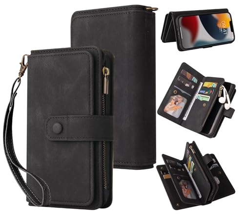 GoodcAcy Funda para LG Stylo 7 4G/5G,15 Ranuras para Tarjetas, Estilo Retro, de Piel, y Correa de muñeca, Cierre de Cremallera, Cierre magnético   Negro
