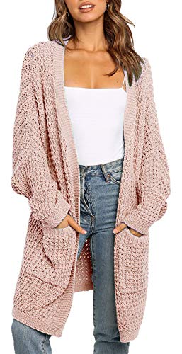 BTFBM Women Long Sleeve Open Front Plain Knit Cardigan Fashion Color Block Striped Slouchy Loose Pockets Sweater Outwear (Pink, Large)
