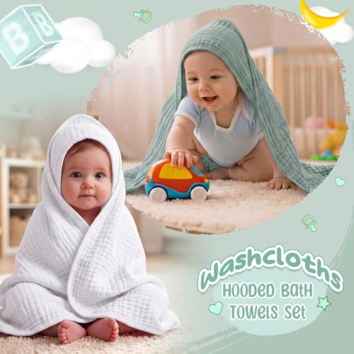 Image of Breling 12 Pcs Muslin Hooded Baby Bath Towel Set, Green Series