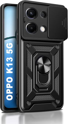 Image of Hupshy Back Cover for Oppo K13 5G | D10 Tough Armor Case | Sliding Camera Shield | 360 Protection | Kickstand Ring Holder | Military-Grade Shockproof Bumper Case (Black)