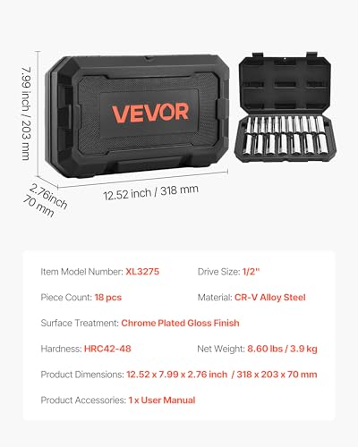 Image of VEVOR Socket Set, 18 Pieces, 1 /2 inch Drive Socket Tool Set, Metric Size from 10 to 27 mm, Mechanic Tool Kit with Storage Case, Clear Markings, Chrome Plated CR-V Alloy Steel, for Automotive Repair