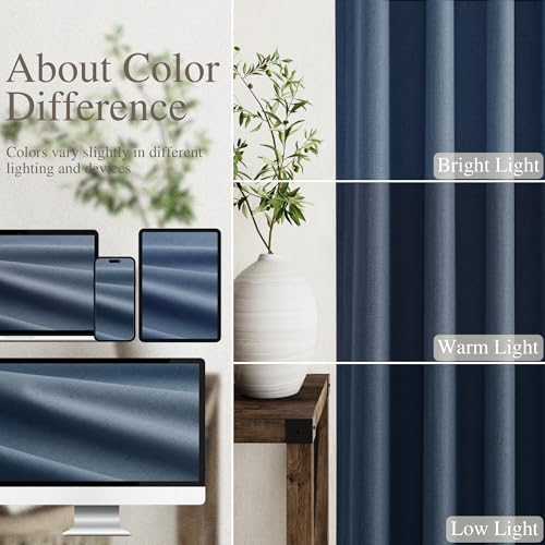 Image of Denim Blue 100% Blackout Linen Curtains for Bedroom 102 Inches Long Back Tab Thermal Insulated Modern Farmhouse Decor Black Out Curtain for Living Room Dining Room Rod Pocket Drapes 52x102, 2 Panels