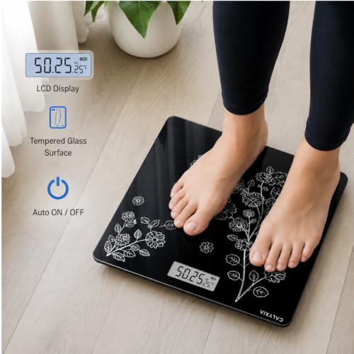 Image of Digital Weight Machine Scale 180kg Capacity, Tempered Glass Electronic Body Weight Machine with LCD Display, Auto On /Off, High Precision, Floral Black Design for Home Use