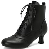 KysBloes Vintage Victorian Boots for Women Kitten Heel Ankle Boots Lace Up Low Heel Witch Shoes Oxford Wingtip Boots(1-Black,US size 7.5)