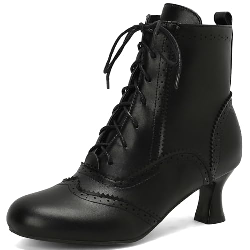 KysBloes Vintage Victorian Boots for Women Kitten Heel Ankle Boots Lace Up Low Heel Witch Shoes Oxford Wingtip Boots(1-Black,US size 8.5)