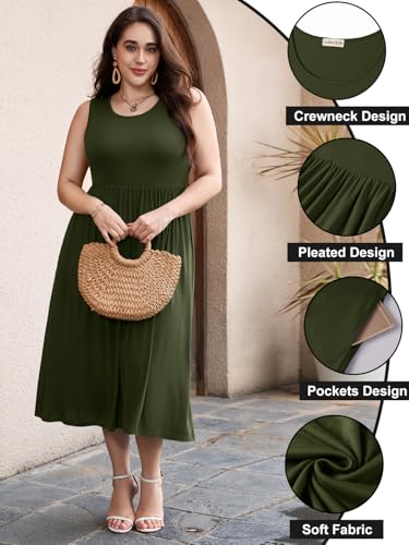 Image of LARACE Women's Plus Size Sleeveless Maxi Dress Casual Crew Neck Pleated Flowy Long Dresses with Pockets L-6XL