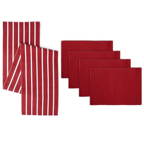 Encasa XO Camino de Mesa y Juego de Manteles Individuales 4 | Algodón de Costura Fina | Roma Rojo | 1 Camino de Mesa de 32x150 cm y Cada Mantel Individual de 48x32 cm