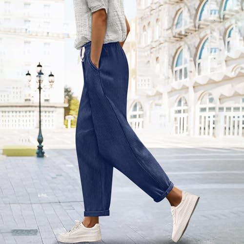 Vintage Corduroy Pants Women Casual Elastic Waist Drawstring Straight Leg Pants Loose Cozy Long Trousers with Pockets4