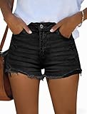 IWD Stretchy Jean Shorts for Women Mid Waisted Ripped Distressed Skinny Denim Shorts Y2K Raw Hem Jean Jorts Summer Trendy Hot Shorts with Pockets Black Large