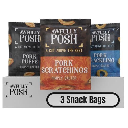 Awfully Posh Pork Snacks Pack of 3 Bundle | Scratchings, Cracklings, and Puffs | Made Using Prime Cuts, No Nasties | A Bag of Perfectly Even Strips of Meaty Goodness | A Cut Above the Rest!