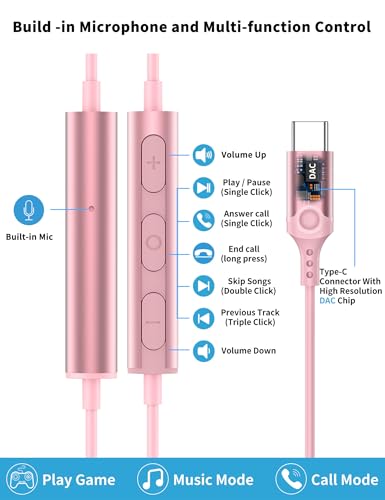 Image of USB C Headphone for Samsung S26 S25 FE S24 A16 A17 Wired Earbuds Magnetic in-Ear Type C Earphone with Microphone Volume Control Bass Stereo Noise Canceling for iPhone 17 Pro Max 16 16e 15 Pixel 10a 9a