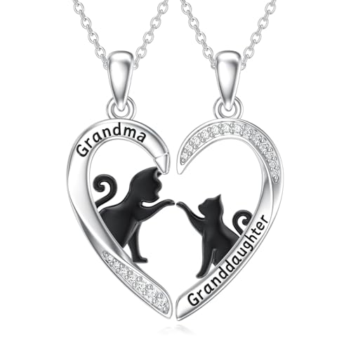 Lypic Grandma Granddaughter Matching Heart Pendant Necklace Set for 2 925 Sterling Silver Cat Necklace Jewelry for Grandmother Birthday Gift